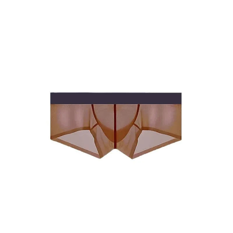 Men's ice silk seamless low waist underwear in solid colours showing ultra-thin sheer nylon fabric