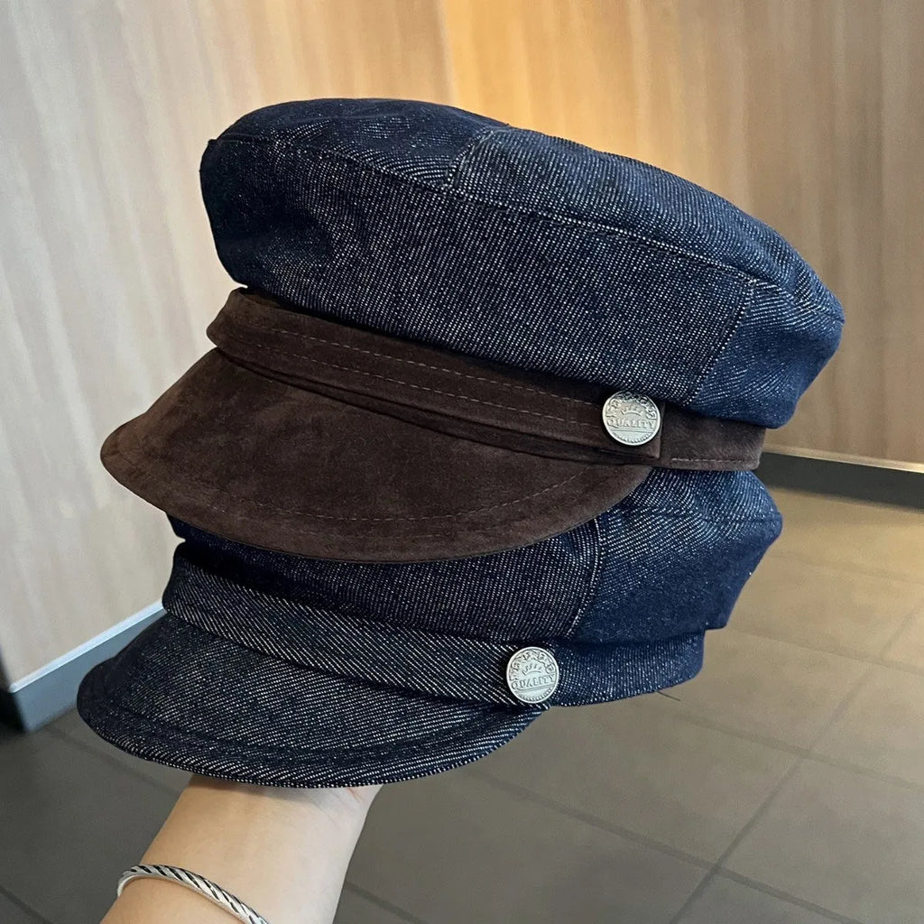 Dark blue denim octagonal newsboy hat with an adjustable fit for 54-58cm head sizes.