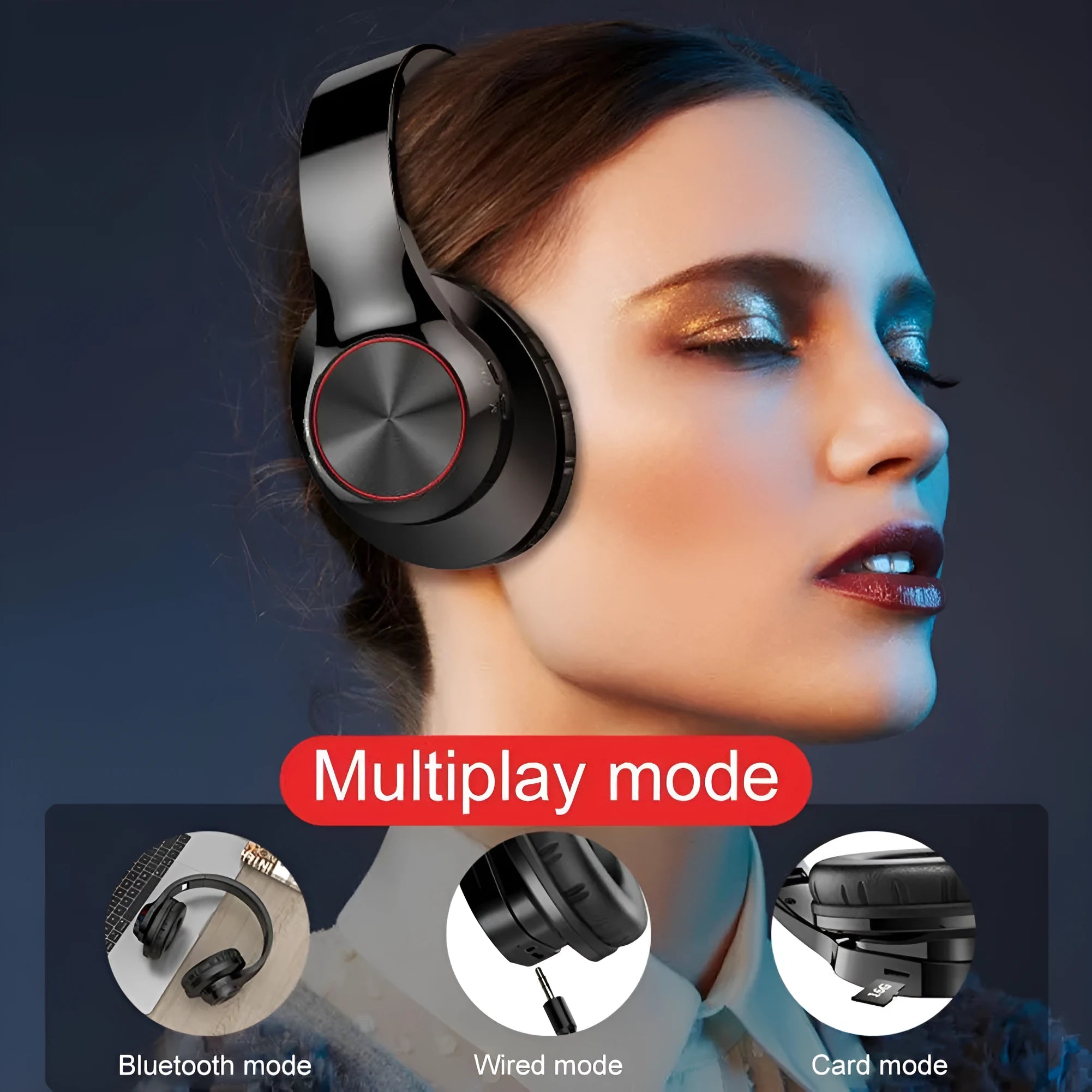 A11 wireless Bluetooth stereo headset in blue or white colour with bilateral design for head-mounted use