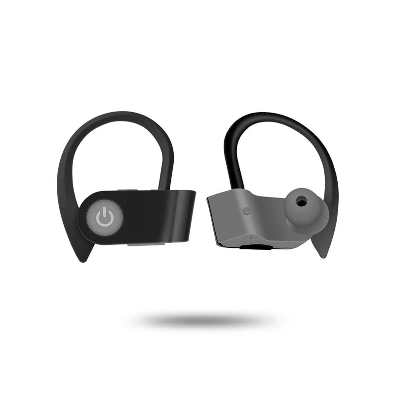 Black wireless Bluetooth earphones with ergonomic design and LED charging indicator.