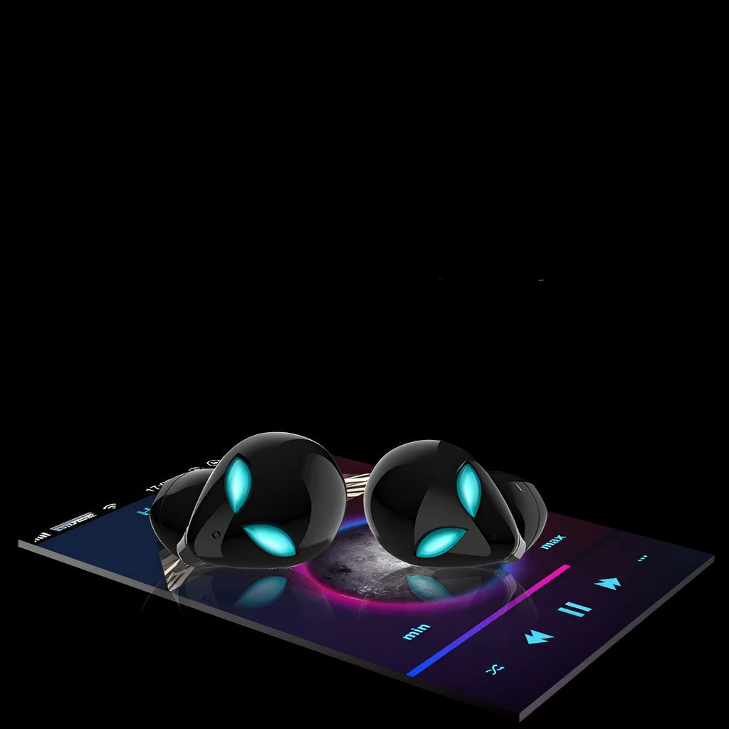 Creative Outer T8 Starman alien design wireless earbuds in red and blue with charging case.