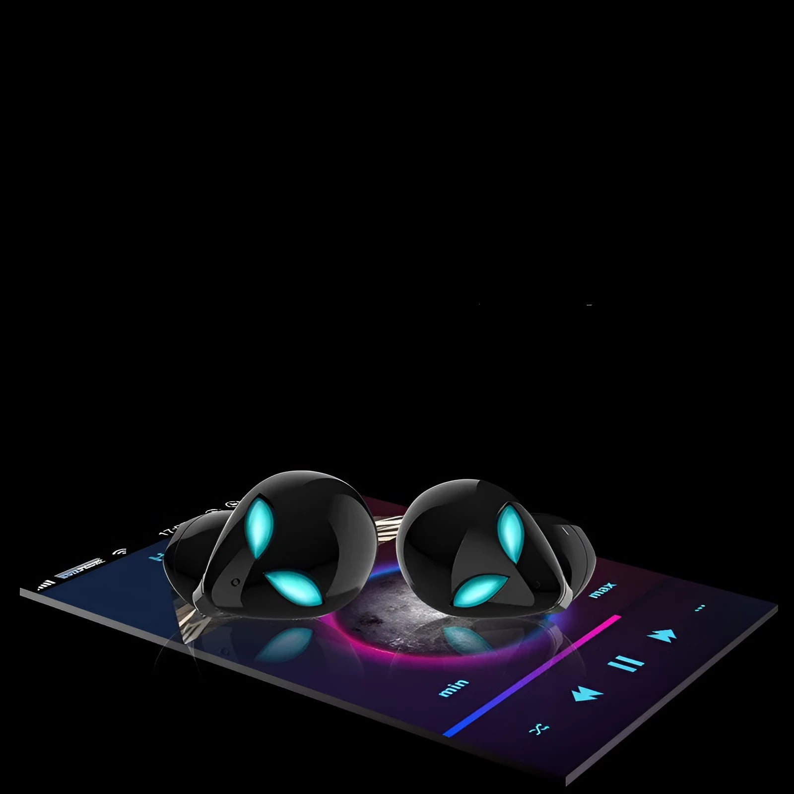 Creative Outer T8 Starman alien design wireless earbuds in red and blue with charging case.