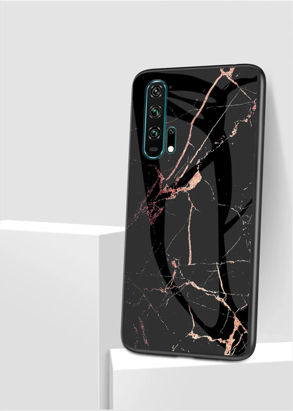 Honor 20 Pro in a black marble glass phone case with a silicone border.