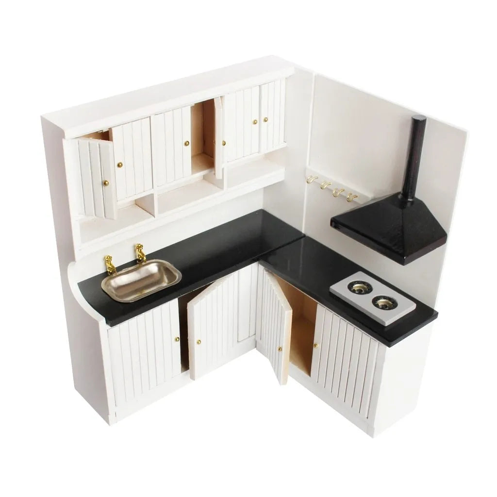 White two-piece dollhouse kitchen cabinets with working doors and metal handles on a birch wood body.