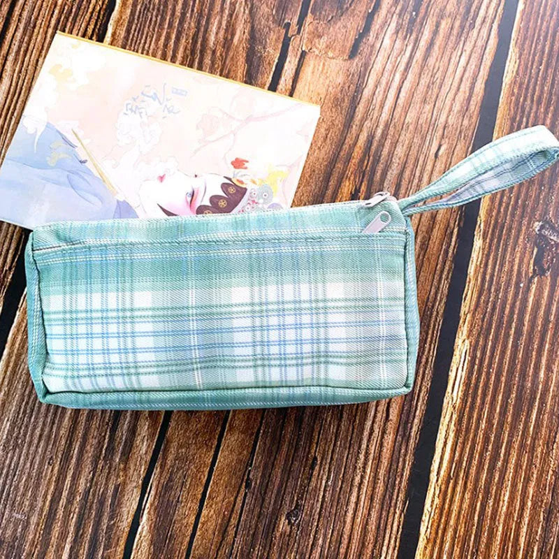 Square canvas stationery storage bag with double-layer design showing striped pattern in six colour grid variations