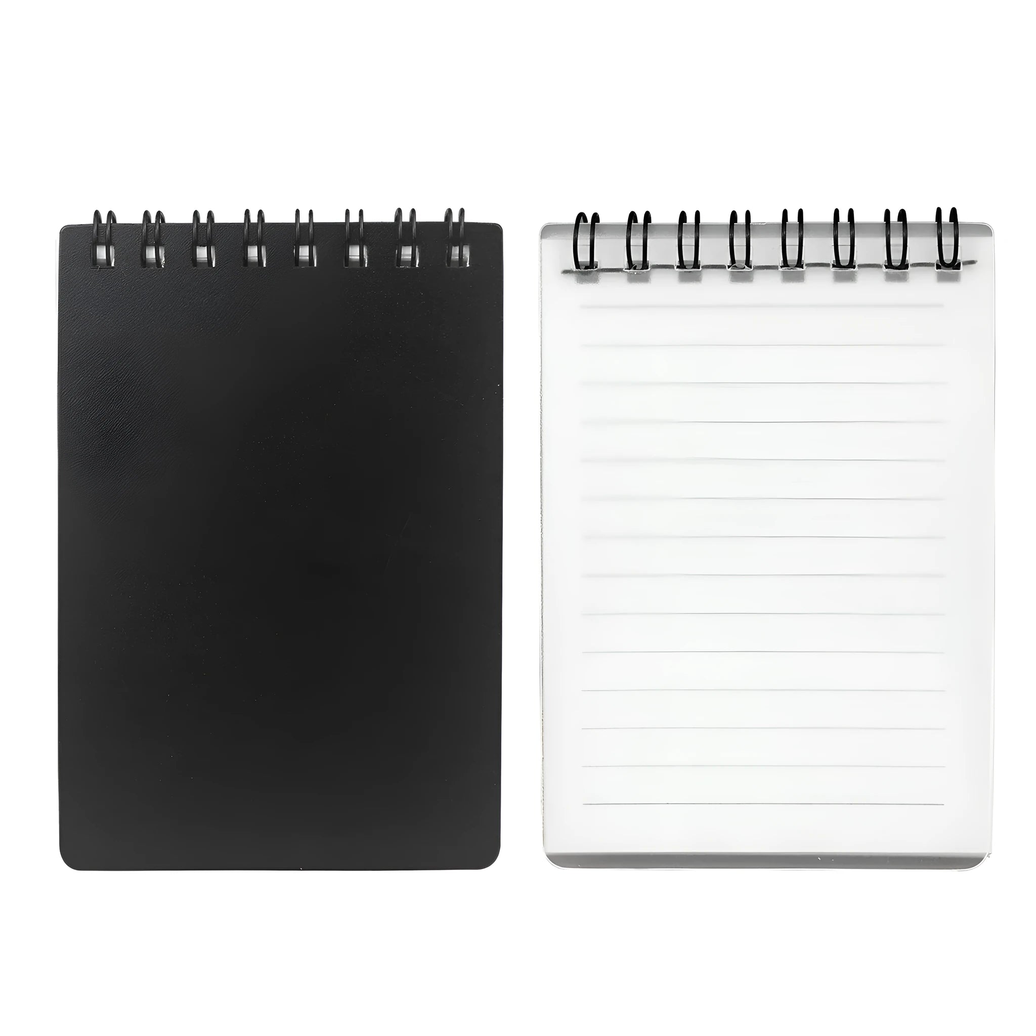 A6 spiral notebook with PP cover, pen, and rag on a surface