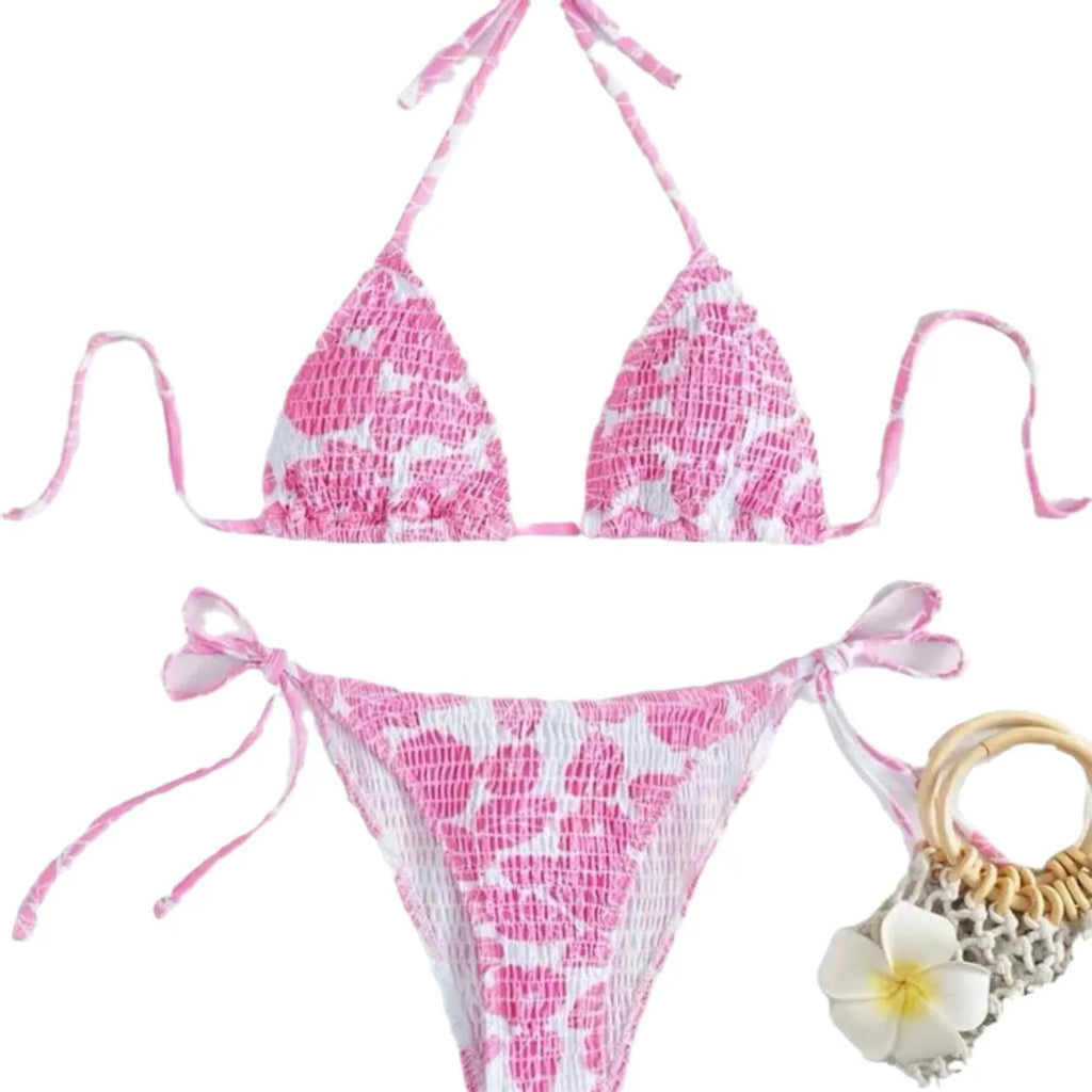 Women's floral print halter swimsuit set in light blue colour with briefs style