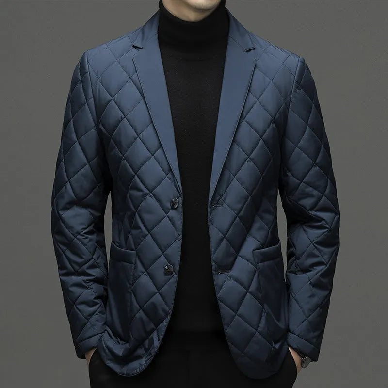 Men's solid colour down jacket with lapel collar and side seam pockets in winter cardigan style