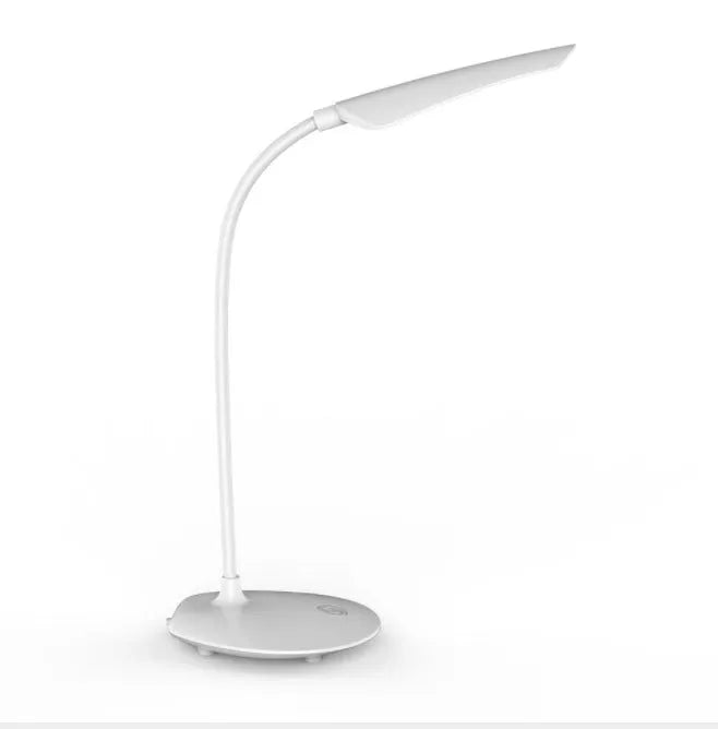White LED desk lamp with USB charging cable, touch switch, and ABS shade on a desk
