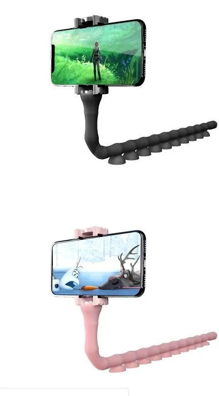 Black flexible lazy bracket mobile phone holder with long arm and suction cup base on a desktop