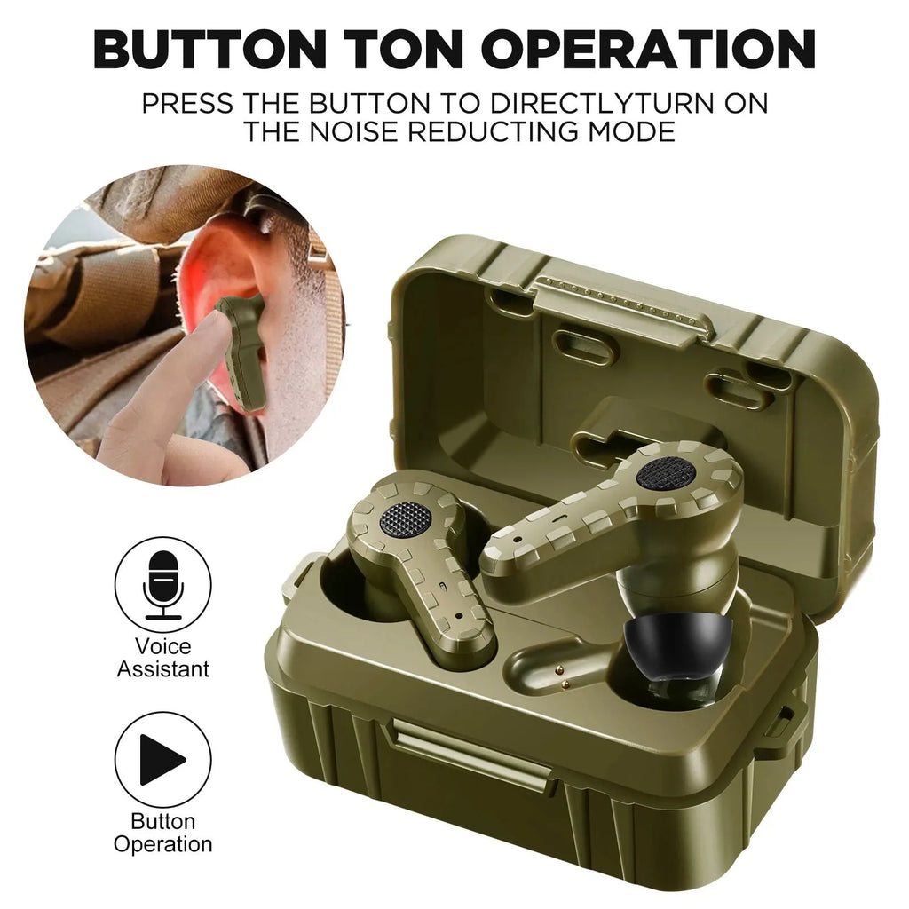 Tactical noise reduction earplugs in green, black, and mud colours with rechargeable pickup hearing for shooting and industrial use