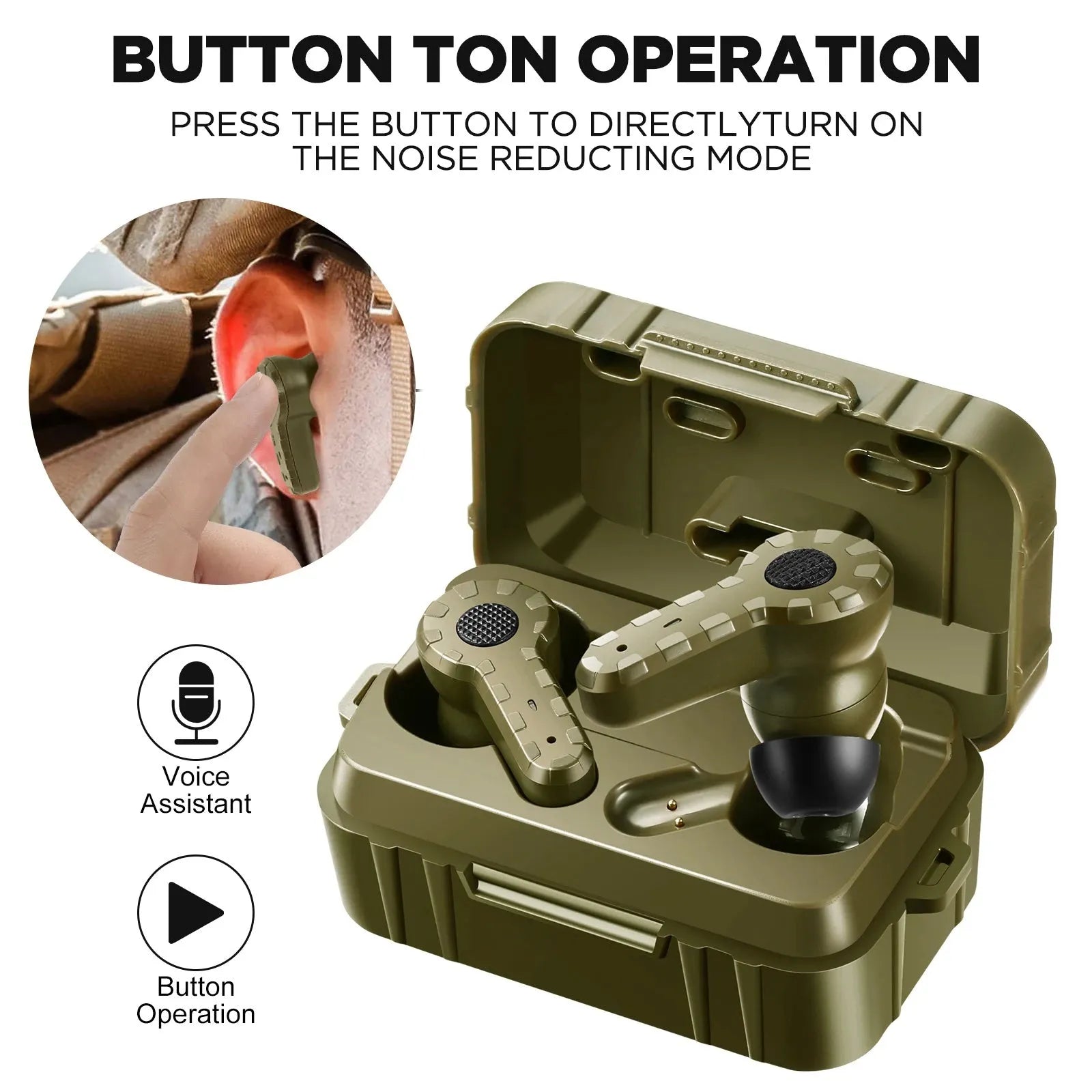 Tactical noise reduction earplugs in green, black, and mud colours with rechargeable pickup hearing for shooting and industrial use