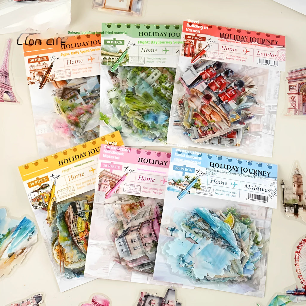 Holiday Journey Series architecture stickers with six retro travel landmark designs