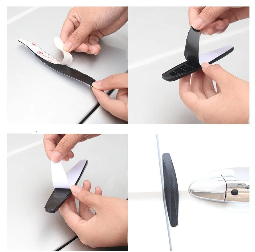 Black carbon fibre pattern car door anti-collision strip 4 pack 140x25mm on vehicle door edge