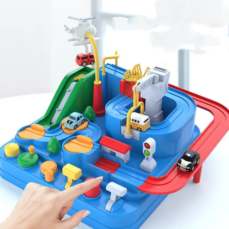 Plastic toy car track with handle remote control and colourful trolley vehicles on parking lot rails