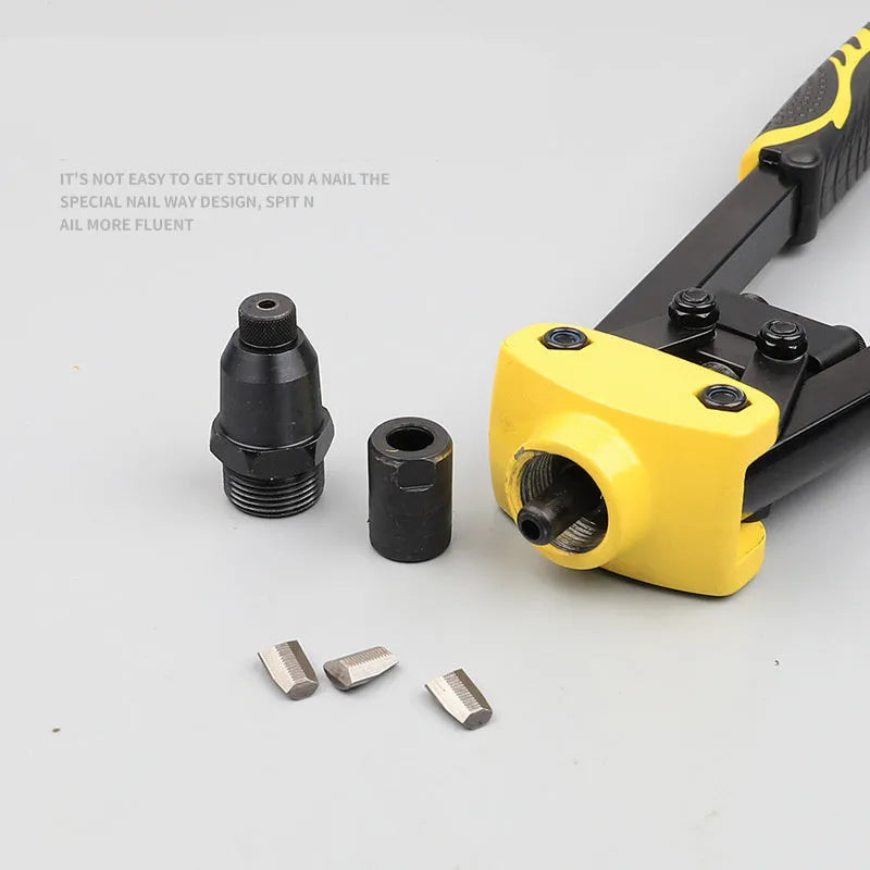 Yellow 13-inch manual rivet gun with built-in tips for household riveting applications