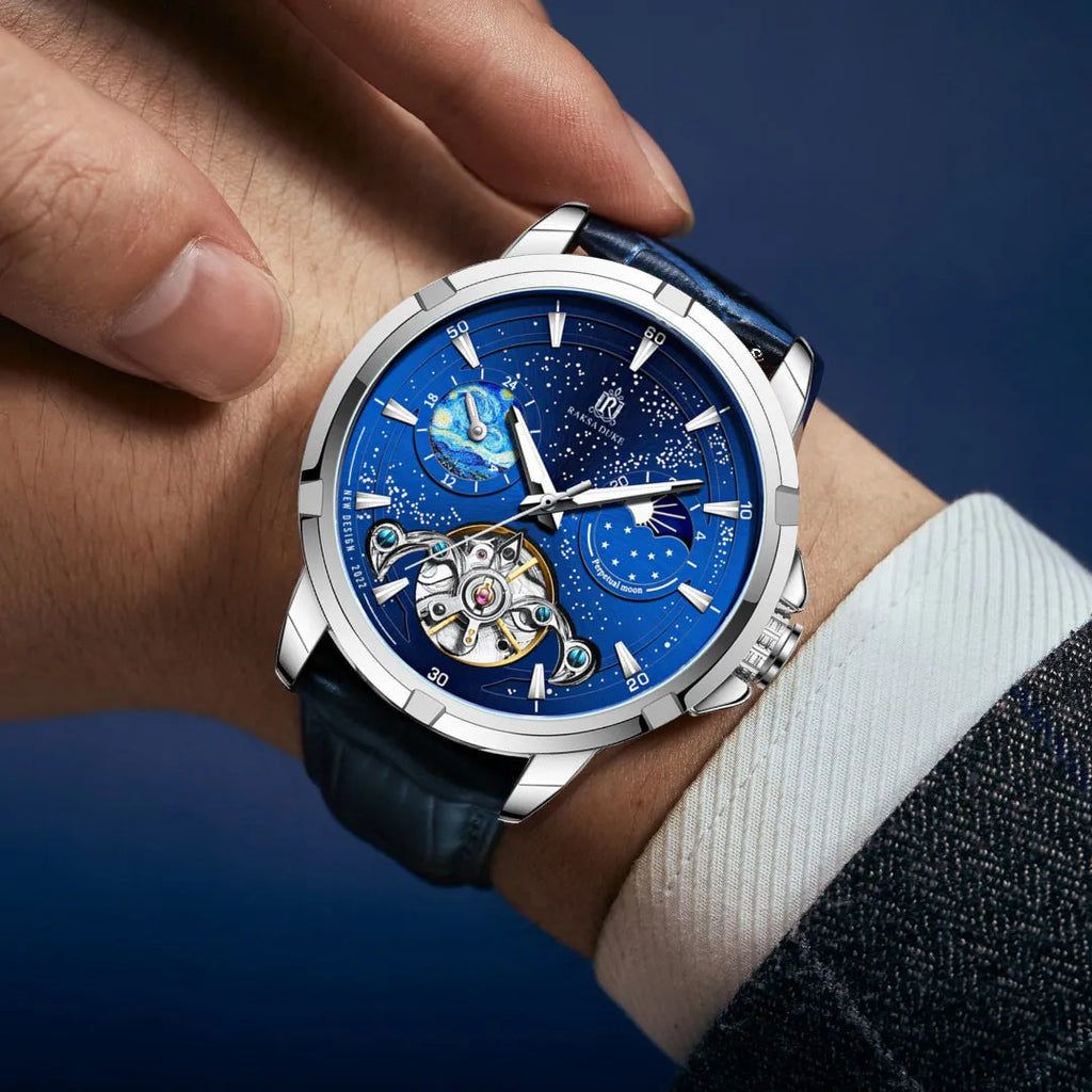 Men's blue dial automatic mechanical watch with stainless steel case on wrist.