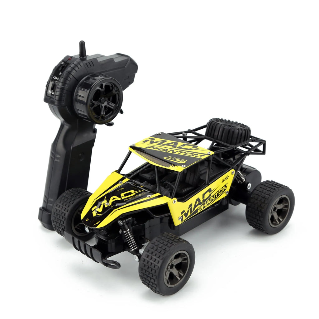 Blue 1:18 scale remote control drift car with 2.4GHz transmitter on a hard surface