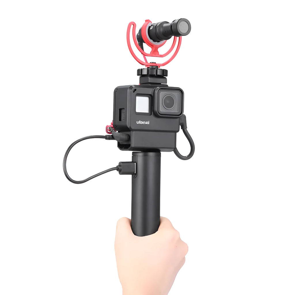 Black aluminium alloy portable power bank charging handle with integrated carry handle.