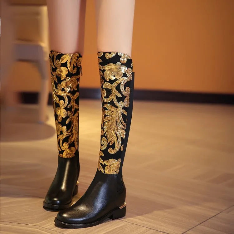 Women's black cowhide leather knight boots with round toe, thick heel, sequin detail, and high tube design
