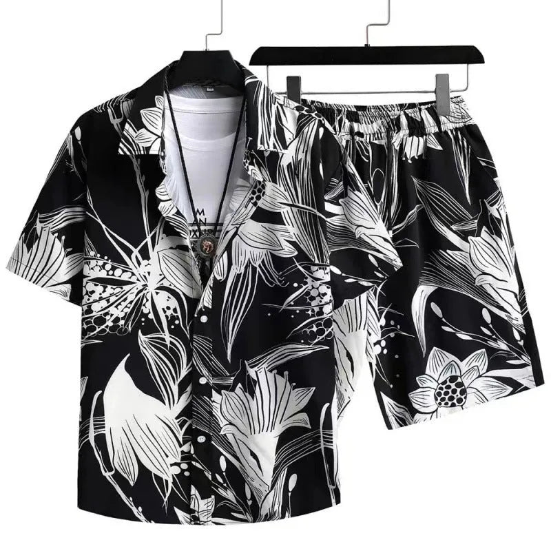 Man wearing a casual digital print short sleeve shirt and matching shorts, a polyester elastic suit set.