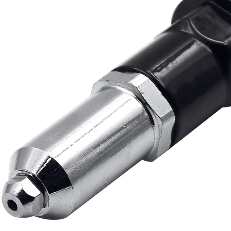 Black metal electric drill rivet gun with handle and wrench, 173mm long.