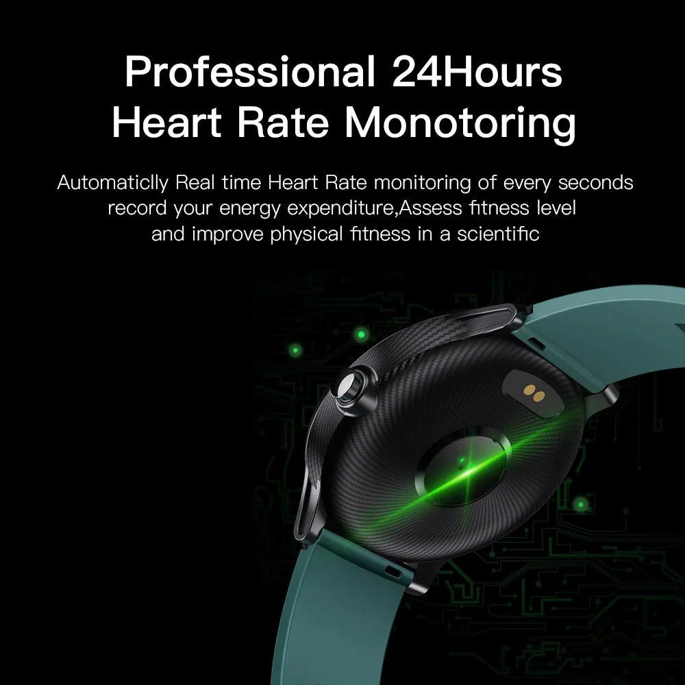 Waterproof smart watch with heart rate monitoring in green or orange colour, showing 48.5mm dimensions