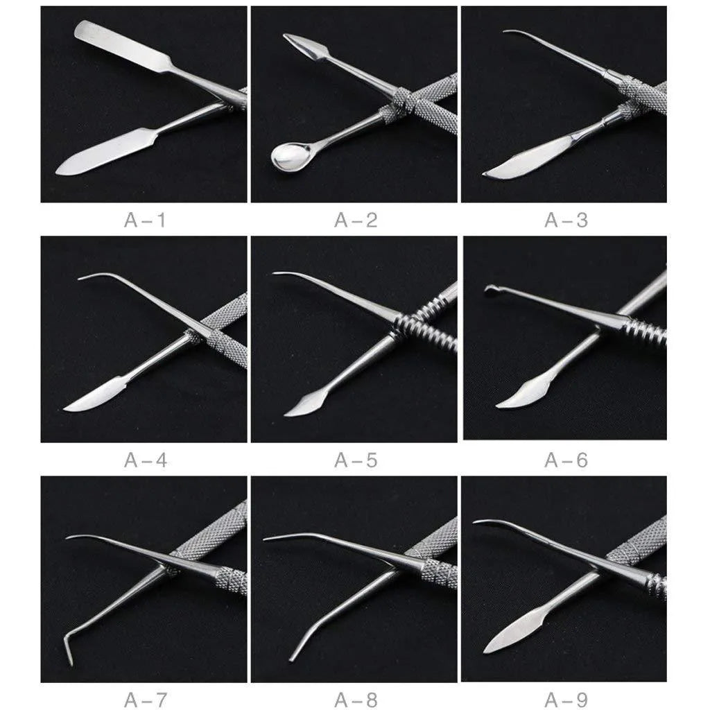Stainless steel clay knife set of 10 pieces with photo colour finish on a neutral background