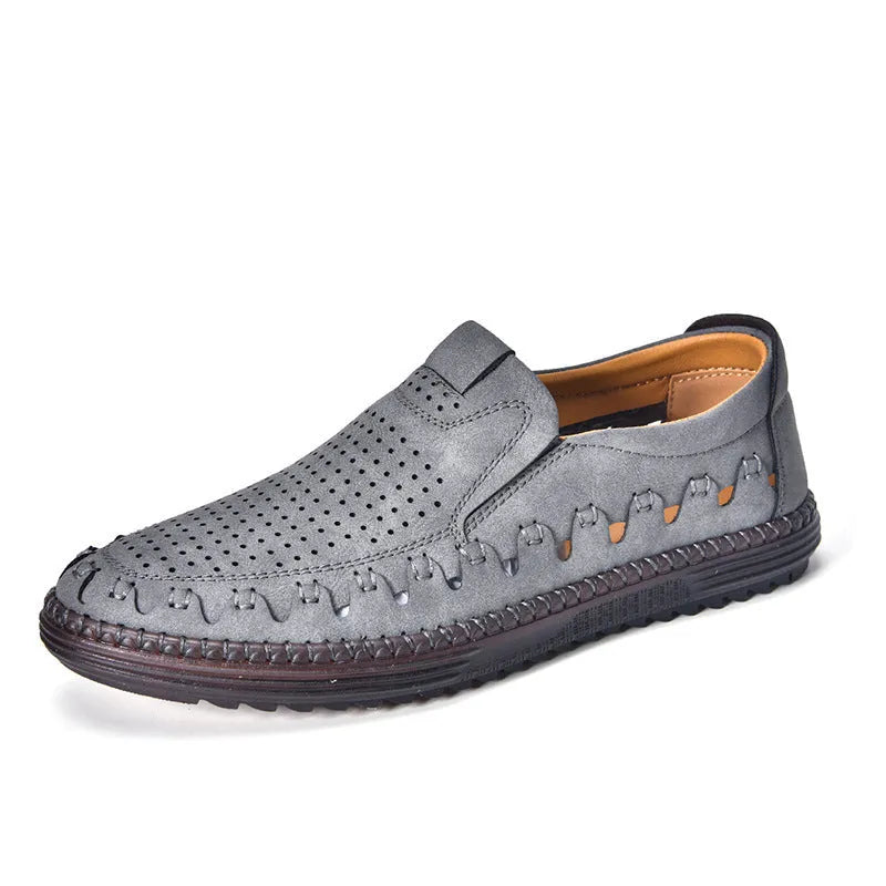 Men's brown casual slip-on shoes with round toe and low-top design showing sewing line details on PVC sole