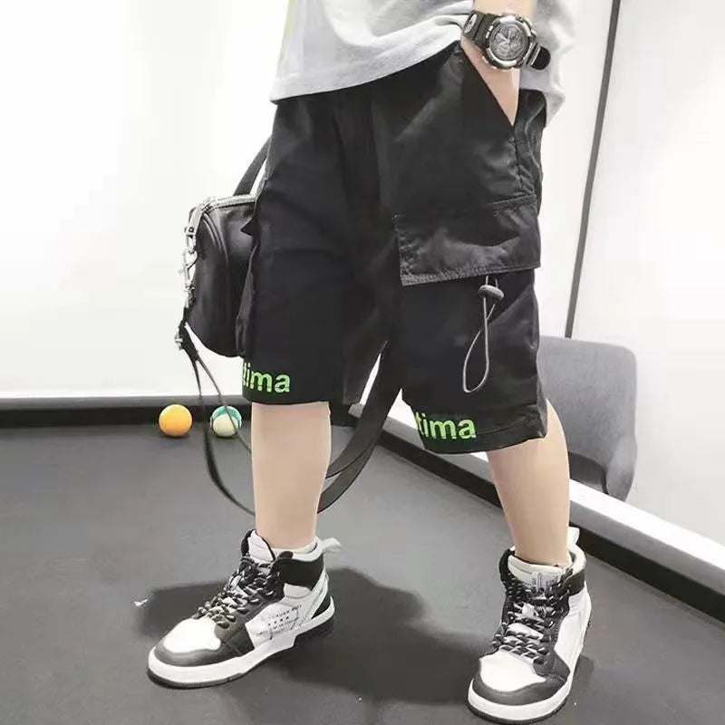 Summer boys cotton shorts with tether fly and cropped length in five colours black cyan green khaki yellow