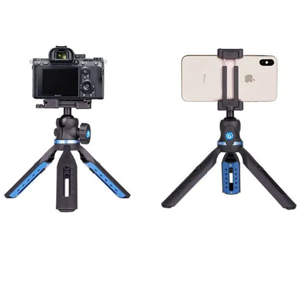 Black desktop tripod holding an iPhone, made from aluminium alloy and plastic, on a wooden table.