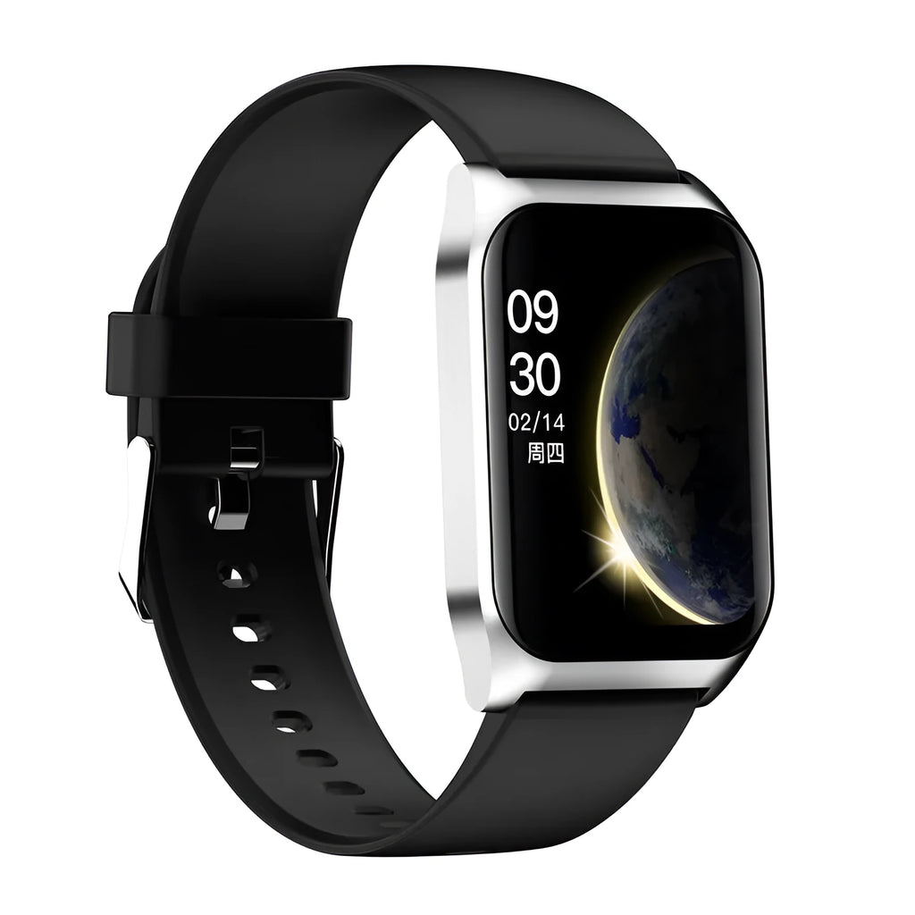 Black smart watch with heart rate monitor and Bluetooth call functionality on a silicone wrist strap