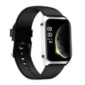 Black smart watch with heart rate monitor and Bluetooth call functionality on a silicone wrist strap