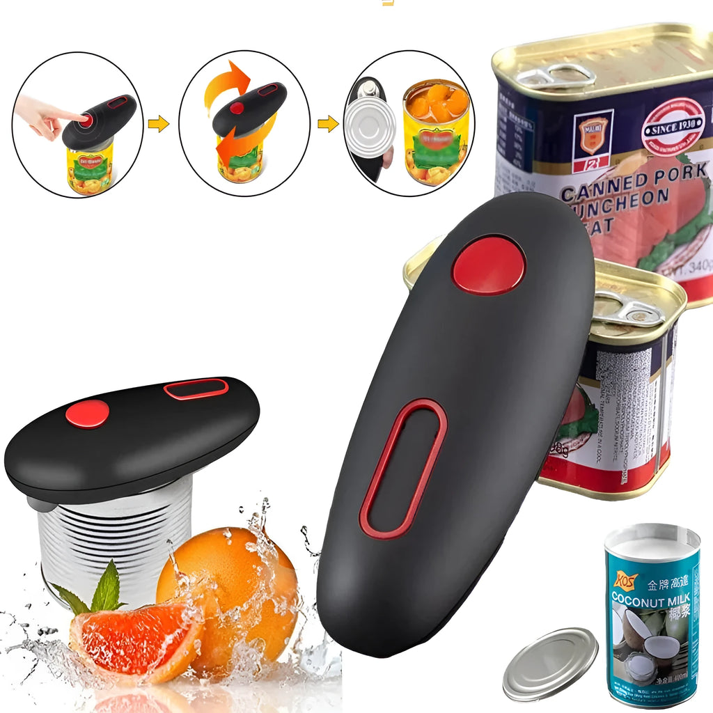 Black plastic electric can opener for one-touch opening of cans, jars, and bottles.
