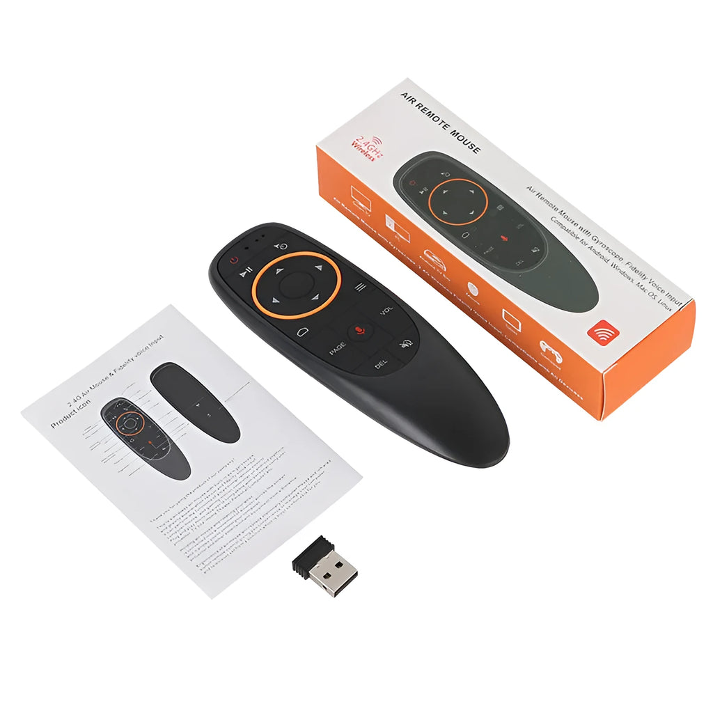 G10 G10S Pro intelligent voice remote control with plastic shell and silicone buttons on a dark surface.