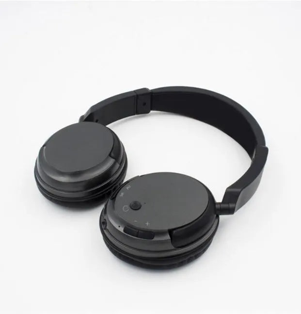 Black stereo wireless headset with USB FM transmitter and 3.5mm audio cable for wired connection.