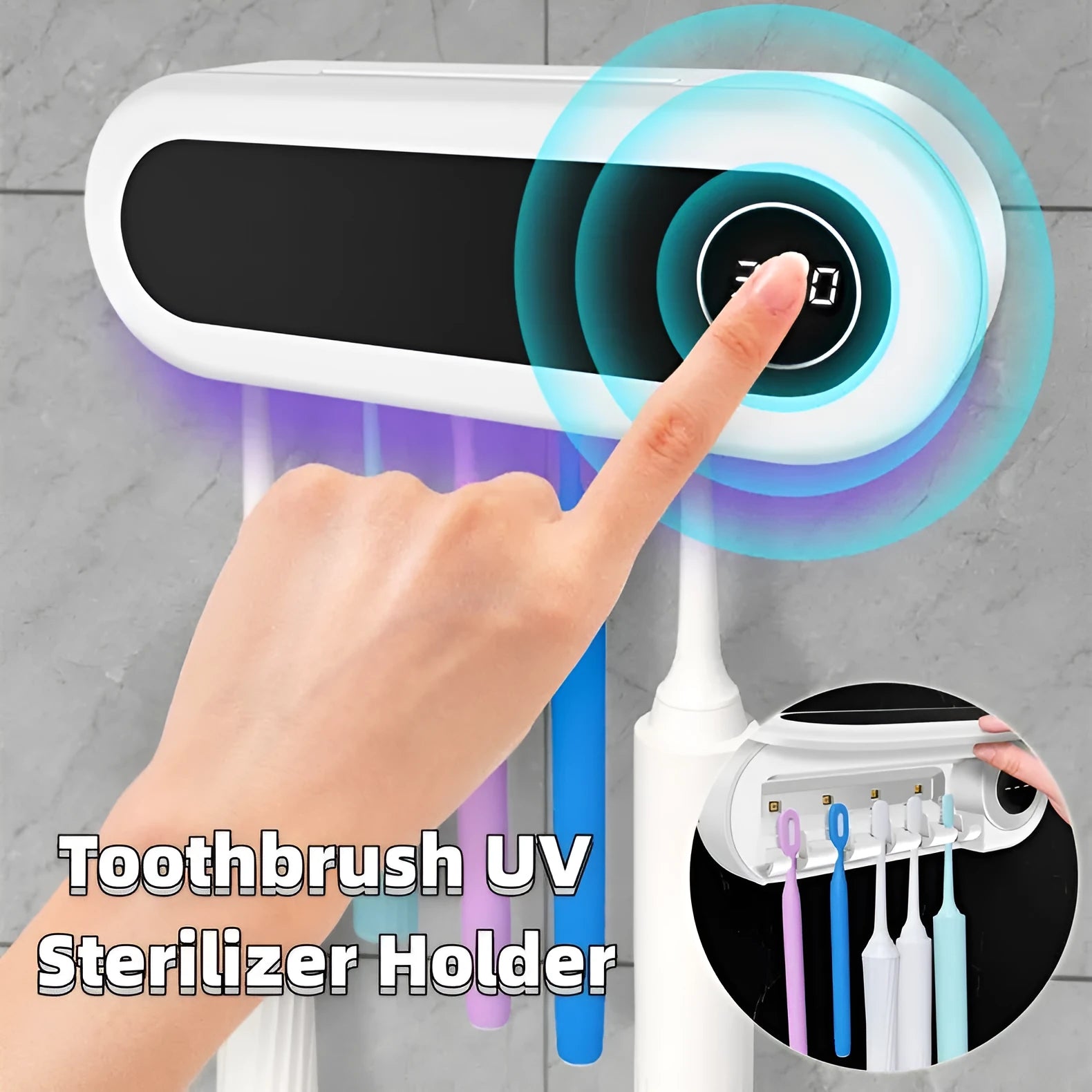 Ivory white wall mounted UV toothbrush steriliser holder with digital display and space for 5 toothbrushes