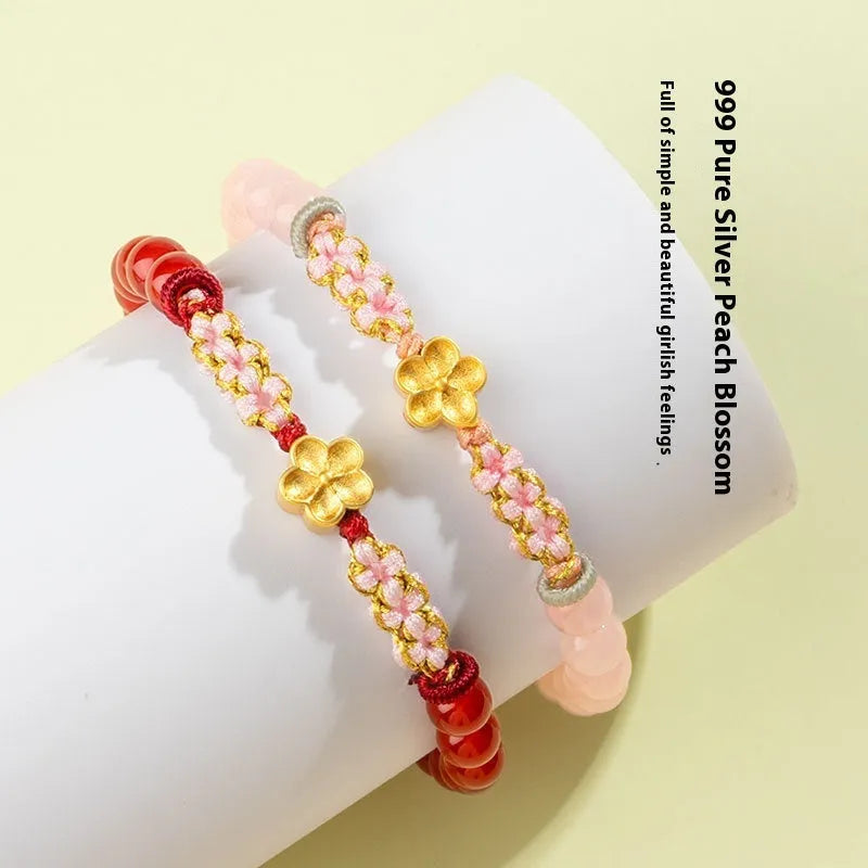 Hand-woven red rope bracelet with diamond-shaped crystal or agate peach blossom charm