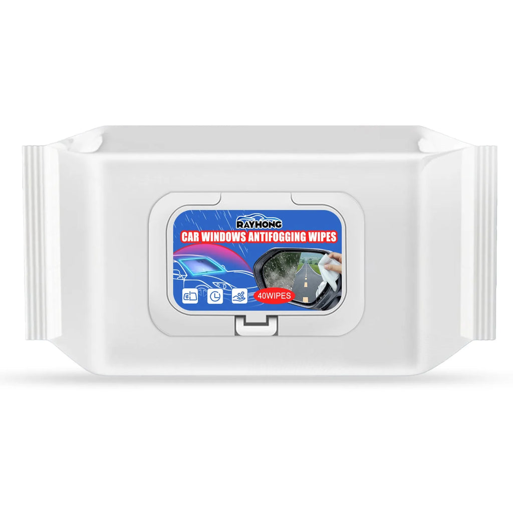 Pack of 40 car anti-fog rainproof wipes showing dimensions.