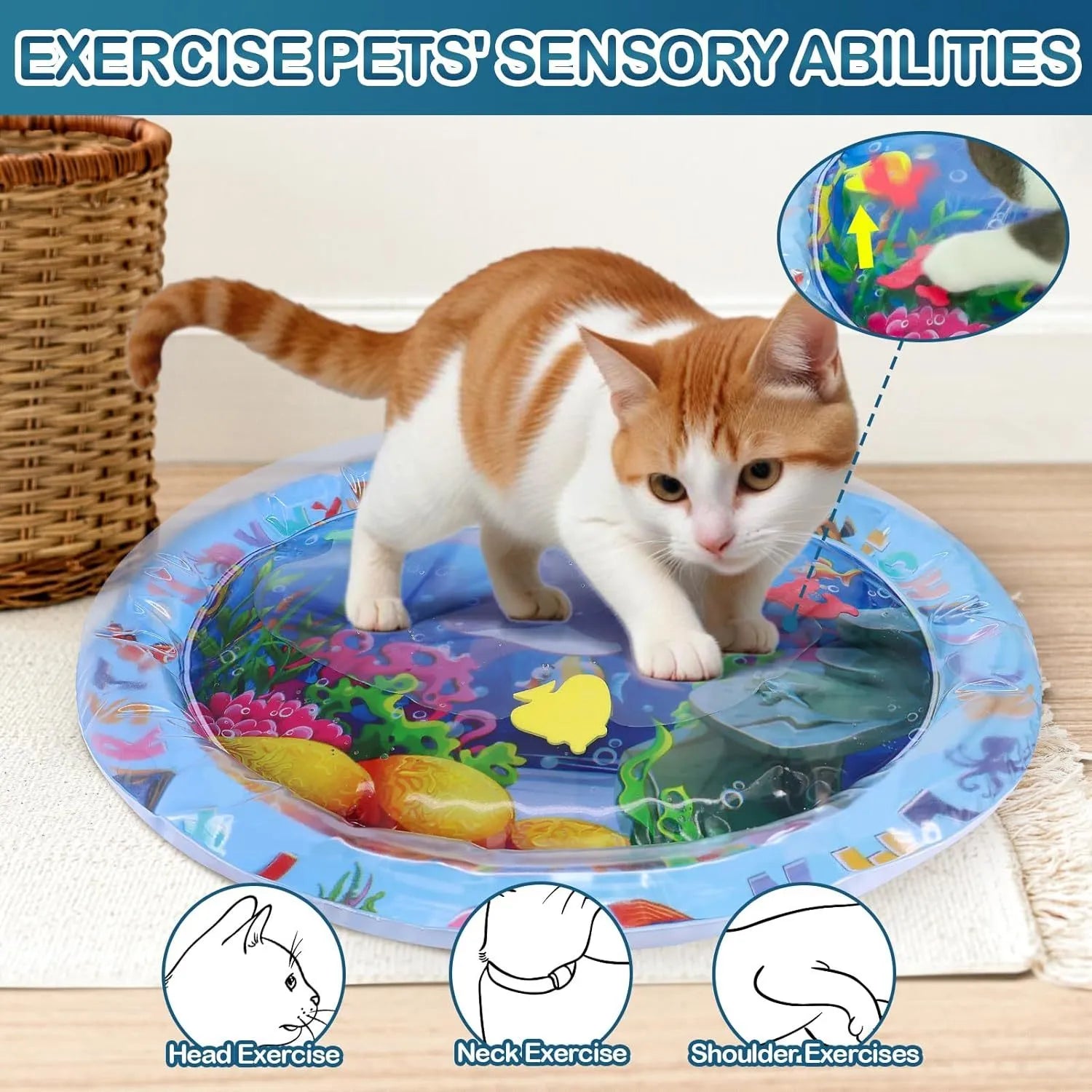 A square blue water sensory playmat for cats on a floor, showing floating fish toys inside the transparent PVC cushion.
