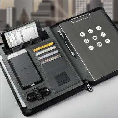 A4 multifunctional rechargeable folder notebook with wireless charger, 5000mAh battery, black colour-changing PU cover