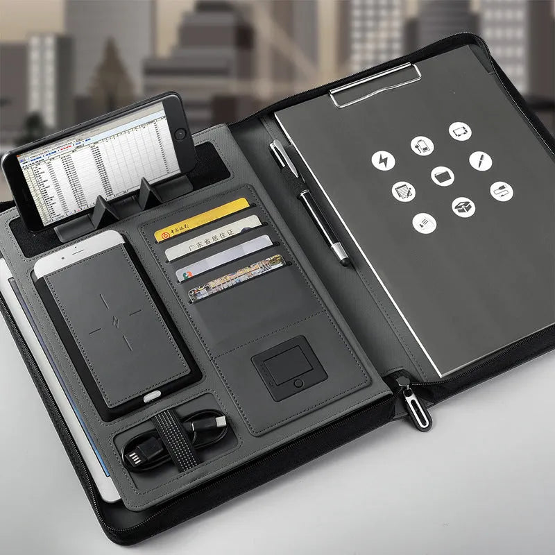 A4 multifunctional rechargeable folder notebook with wireless charger, 5000mAh battery, black colour-changing PU cover
