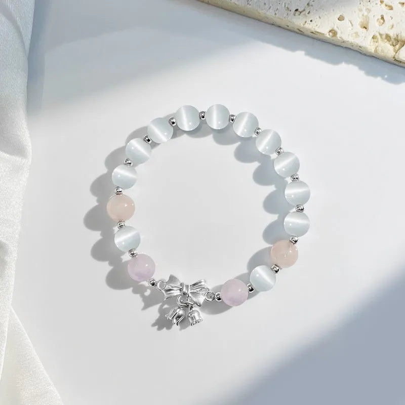 Lavender purple bowknot two-shihuan opal bracelet with 10mm electroplated crystal beads