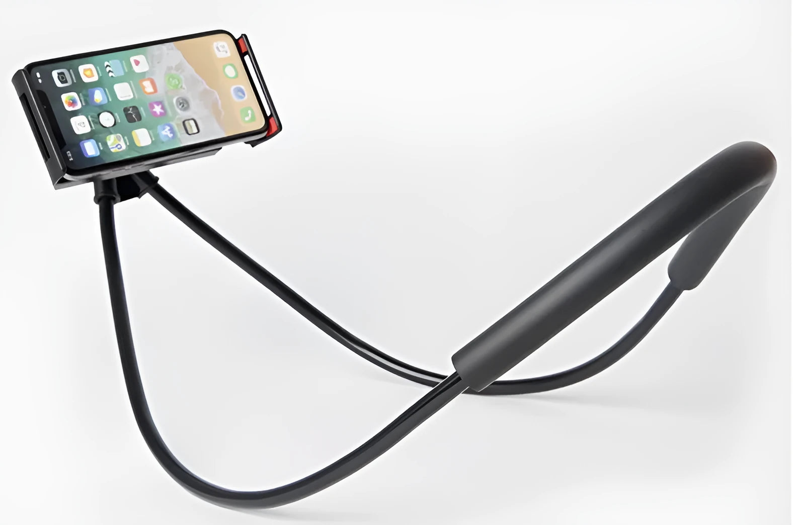 White neck phone holder with 360-degree rotating clamp holding a smartphone, showing it can be worn around the neck.