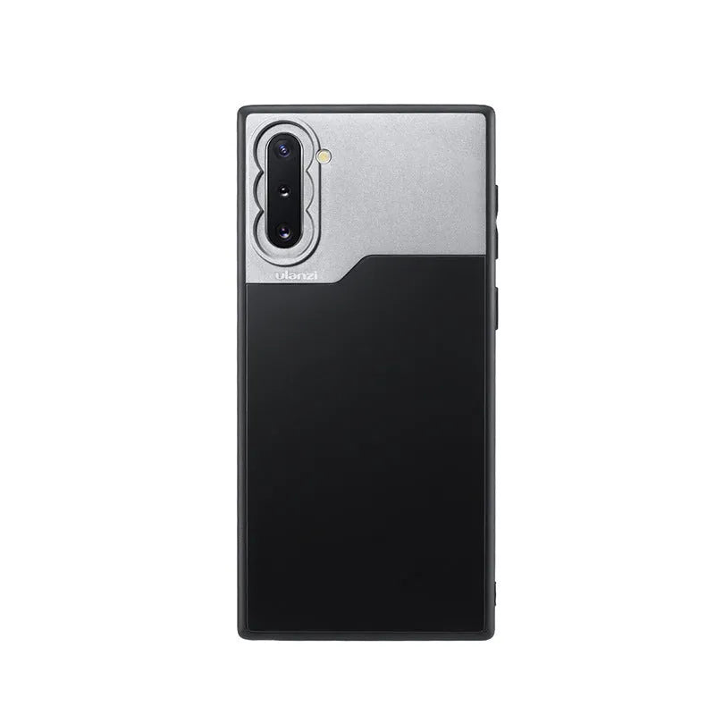 Rugged black mobile phone case with built-in lens cover for Samsung NOTE10 and iPhone 8 Plus, PC aluminium TPU construction