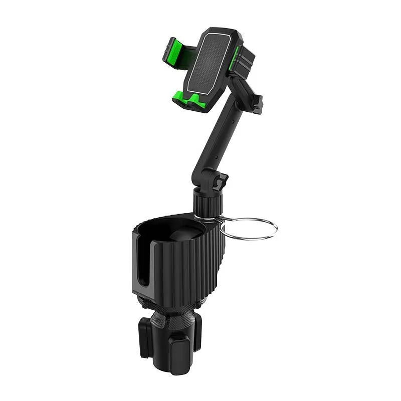 Grey car drink holder and phone support bracket mounted on vehicle centre console
