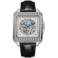 Men's square-faced automatic watch with diamond-studded case on a choice of strap.