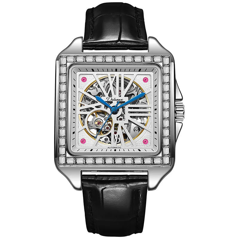 Men's square-faced automatic watch with diamond-studded case on a choice of strap.