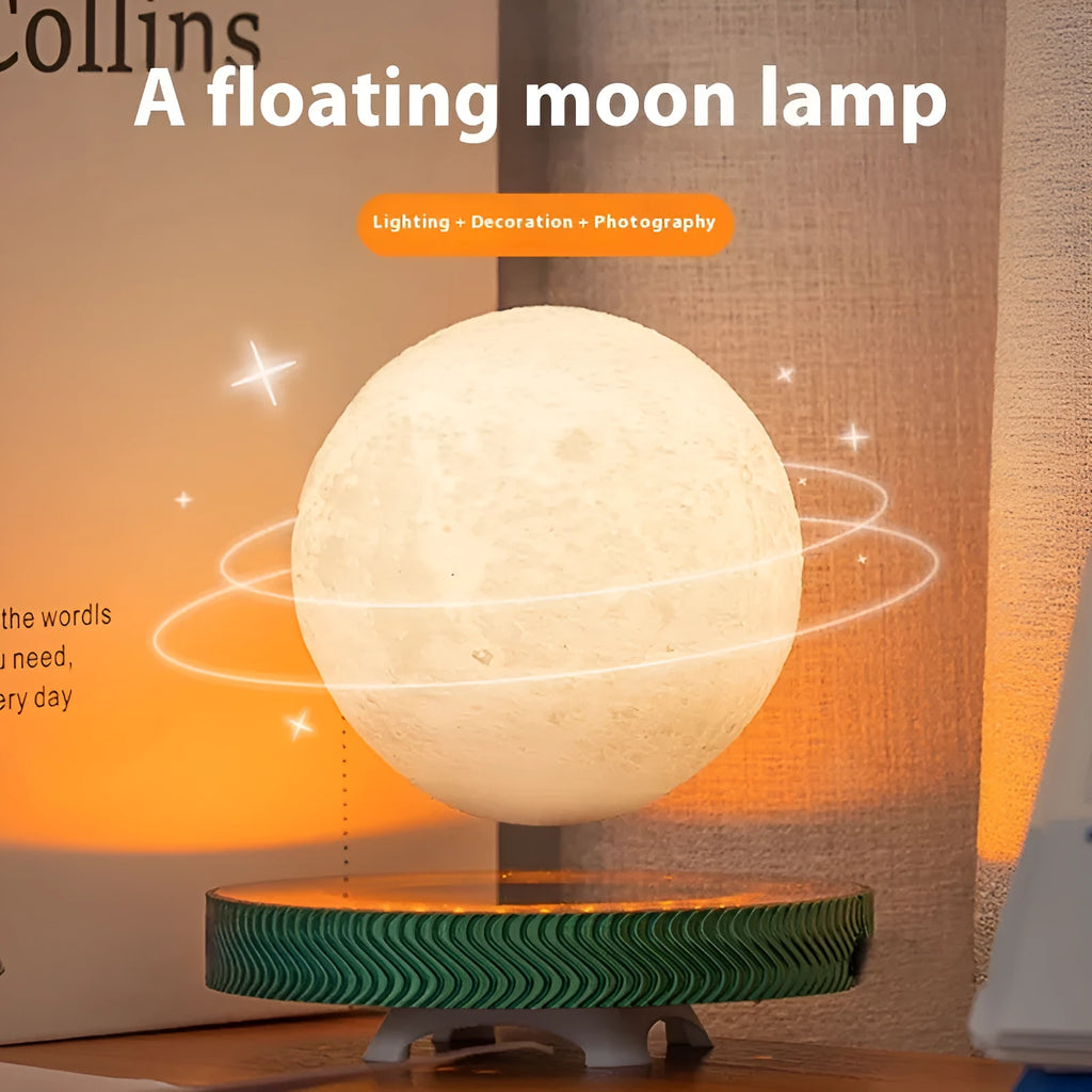 Magnetic suspension moon lamp floating above surface with 3D-printed celestial design