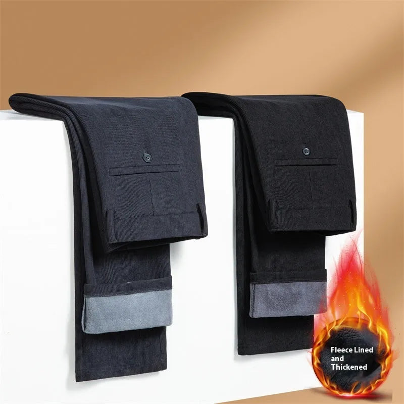 Men's fleece-lined casual trousers in black and navy blue, sizes 29-40, mid-waist with zipper fly